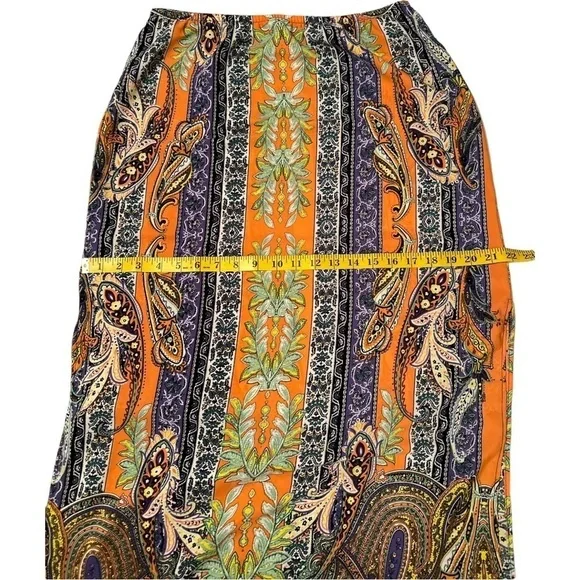 Tyche Maxi Skirt. Floral Paisley Stripes Slits on Sides, Orange, Purple. Large. - Picture 3 of 16